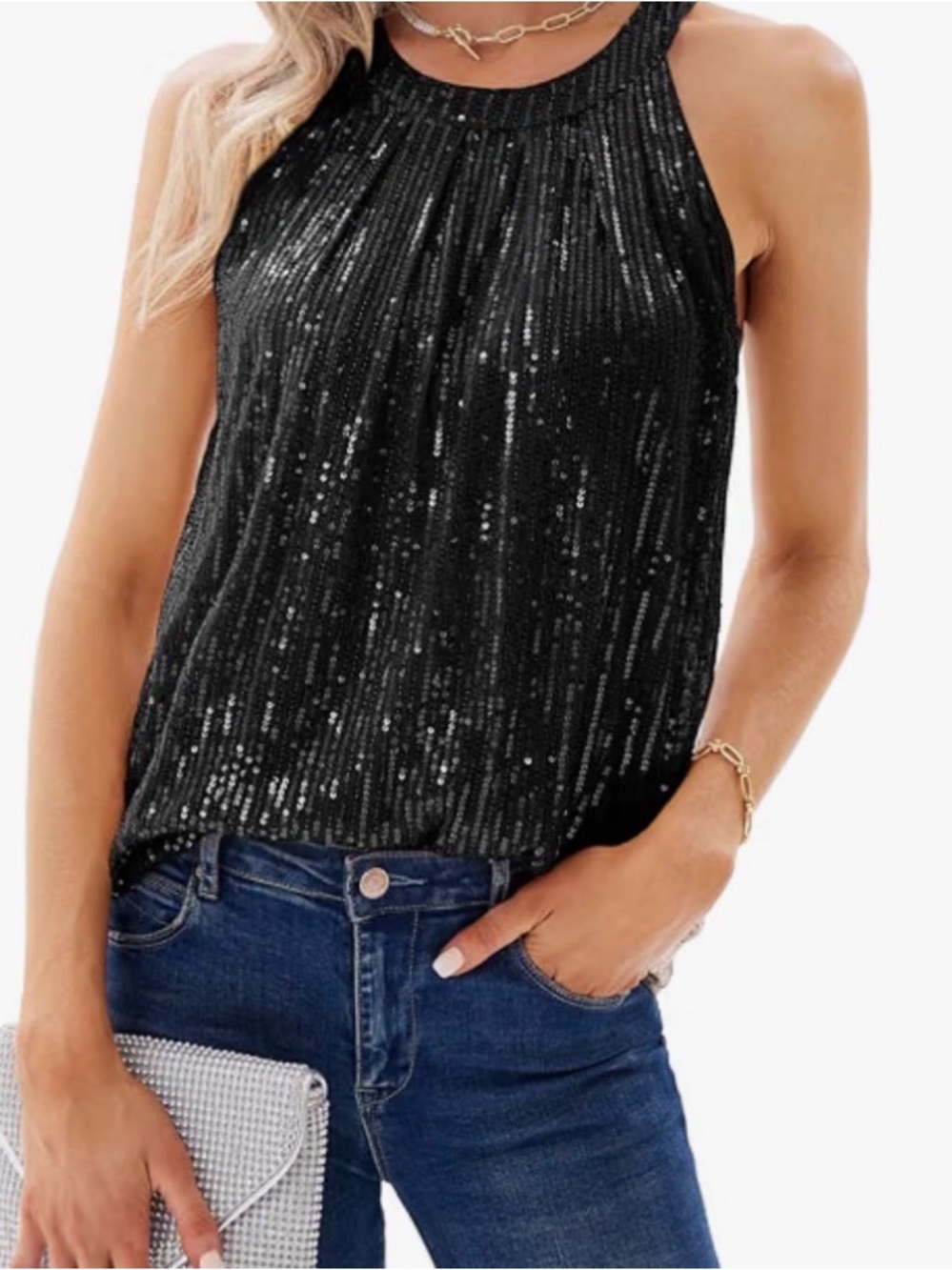 Grace Karin Black Sequin High Neck Tank Top